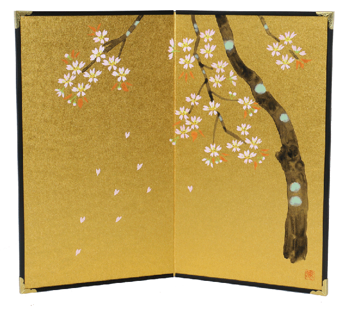 2曲金地手描き 25x15cm さくら